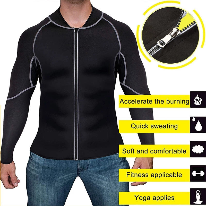 Men's sauna fitness suit demonstrating sweat-boosting workout set for weight loss