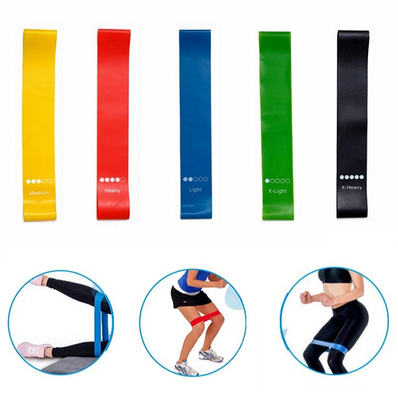 Close-up of 5 different resistance levels in yoga bands set showing 0.35mm to 1.1mm thickness