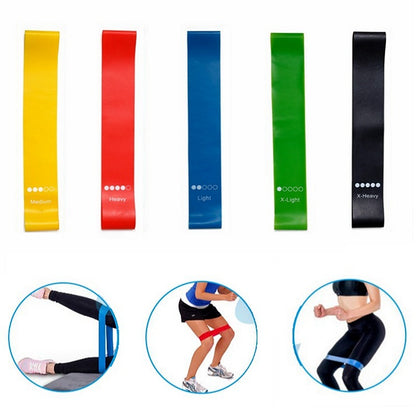Close-up of 5 different resistance levels in yoga bands set showing 0.35mm to 1.1mm thickness