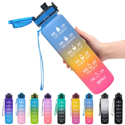1L motivational water bottle with time markers for fitness hydration tracking