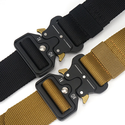 Close-up of durable construction on military tactical belt showing heavy-duty materials