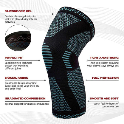 Lightweight sports knee pads showing comfortable knitted construction and ergonomic design