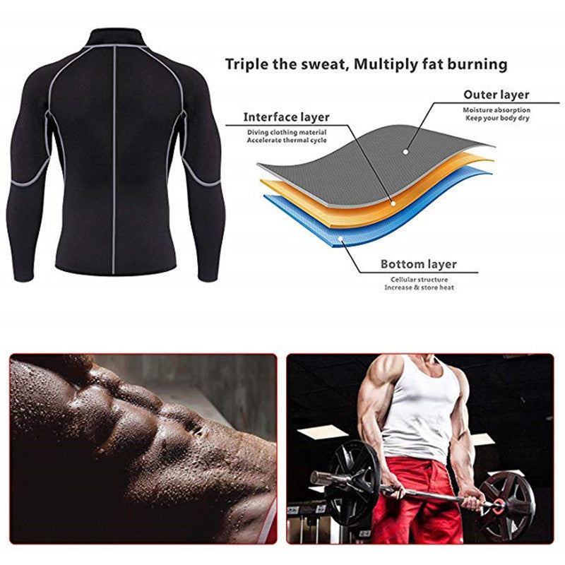 Men's sweat-boosting fitness suit lifestyle shot showing maximum workout results