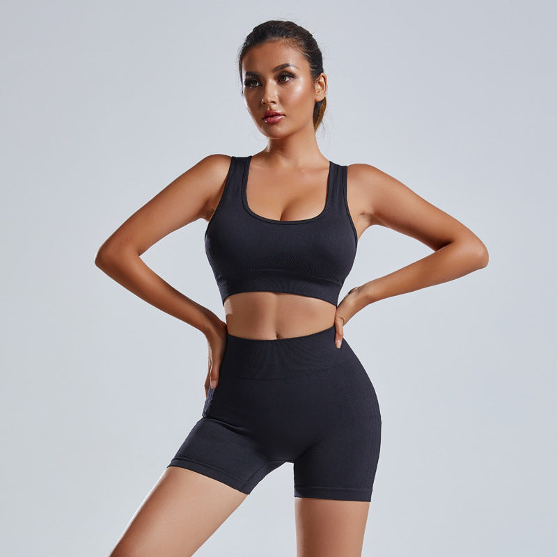 Close-up of seamless construction on women's yoga set showing comfort and quality